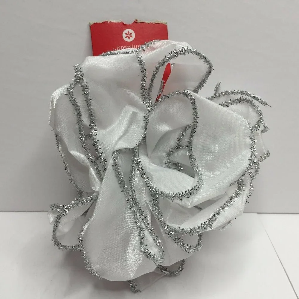 Premium Bow White Silver Tinsel Glitter Shimmer Craft Wreath Decorating Bow